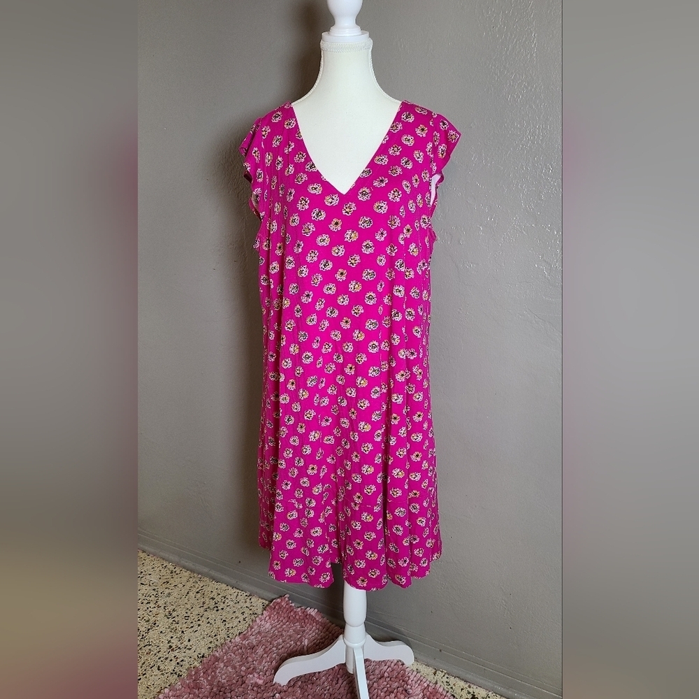 LOFT Hot Pink Floral V-Neck Midi Comfy Swing Dress EUC Plus Size 14 - Picture 2 of 10